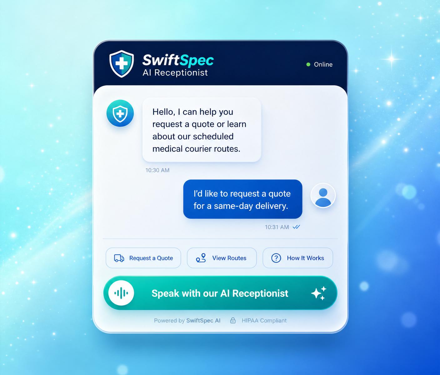 SwiftSpec AI Receptionist chat interface with logo and quote intake actions