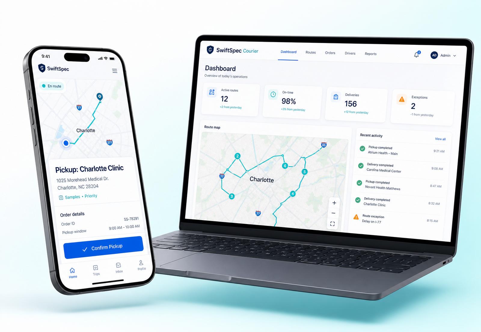 SwiftSpec branded admin dashboard and driver app mockup