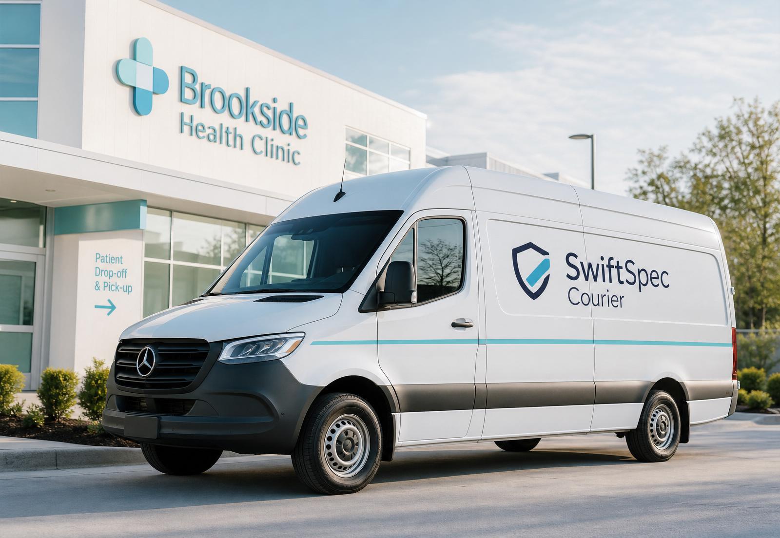 SwiftSpec branded medical delivery van outside a clinic